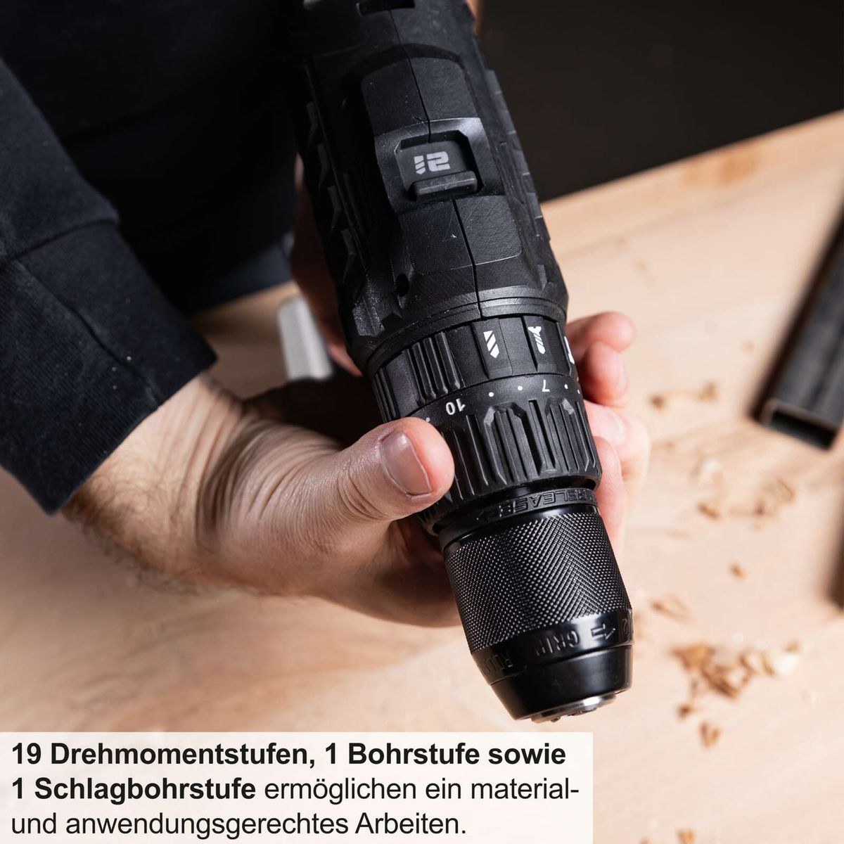 19 Drehmomentstufen, 1 Bohrstufe und 1 Schlagbohrstufe für material- und anwendungsgerechtes Arbeiten.