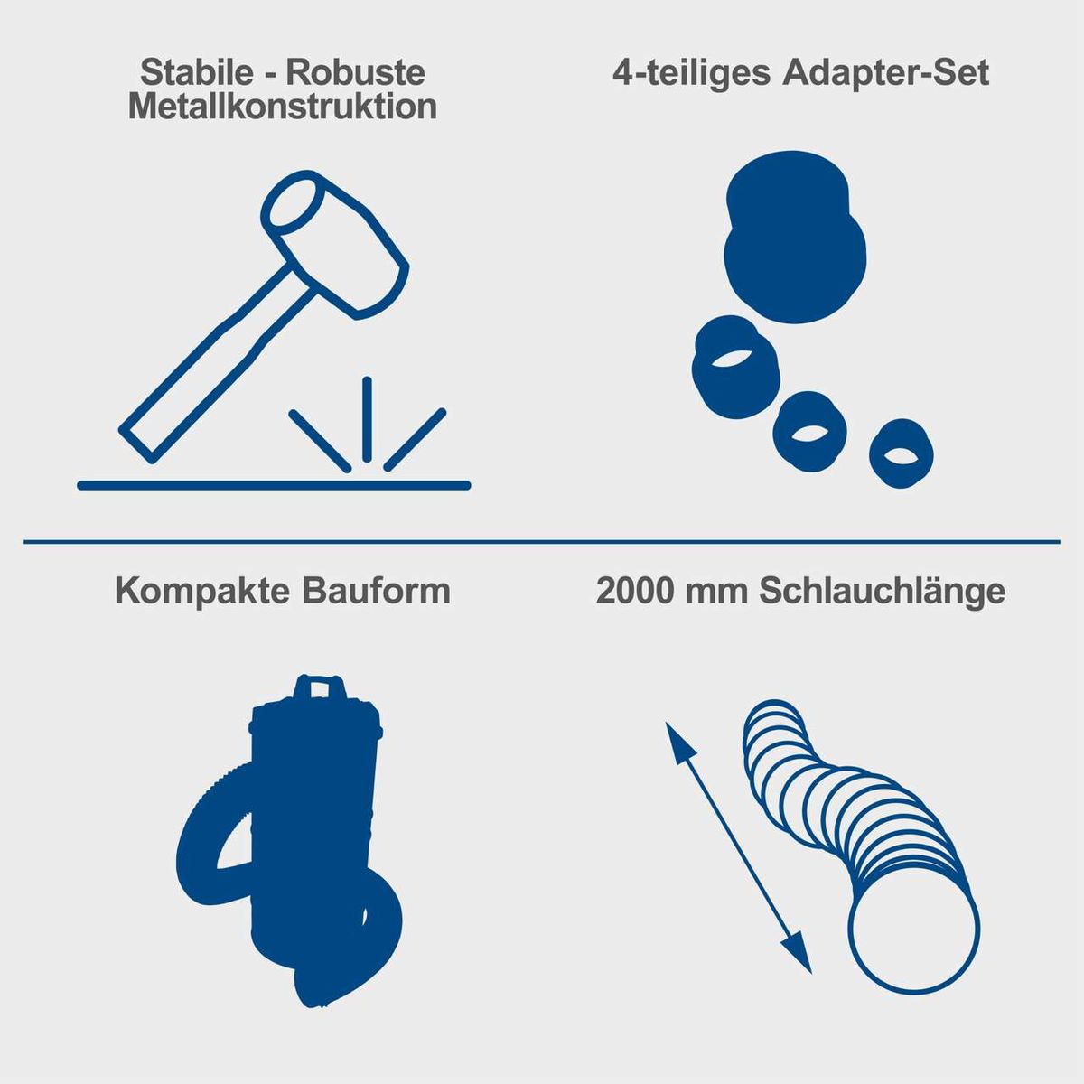 Robuste Metallkonstruktion mit stabilen Adapterelementen, kompakte Bauweise, 2000 mm Schlauchlänge