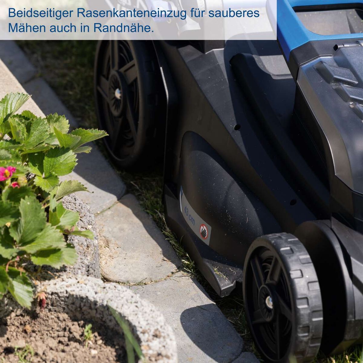 Der Akku-Rasenmäher BC-MP430-X von Scheppach hat einen beidseitigen Rasenkanteneinzug für sauberes Mähen auch in Randnähe.