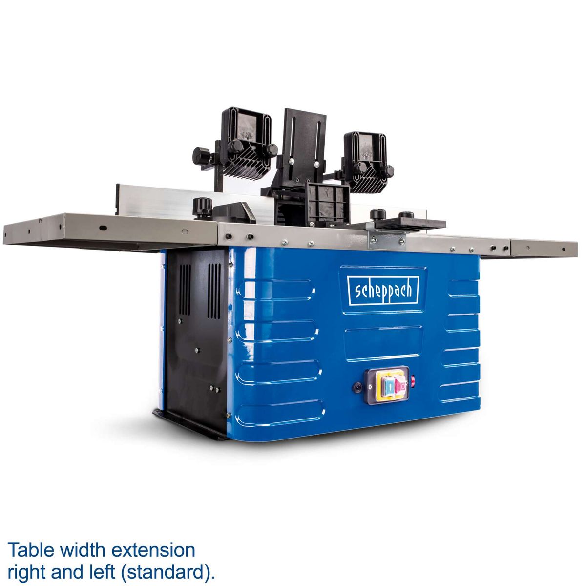 The Scheppach HF50 router table features a table width extension on both the right and left sides (standard).