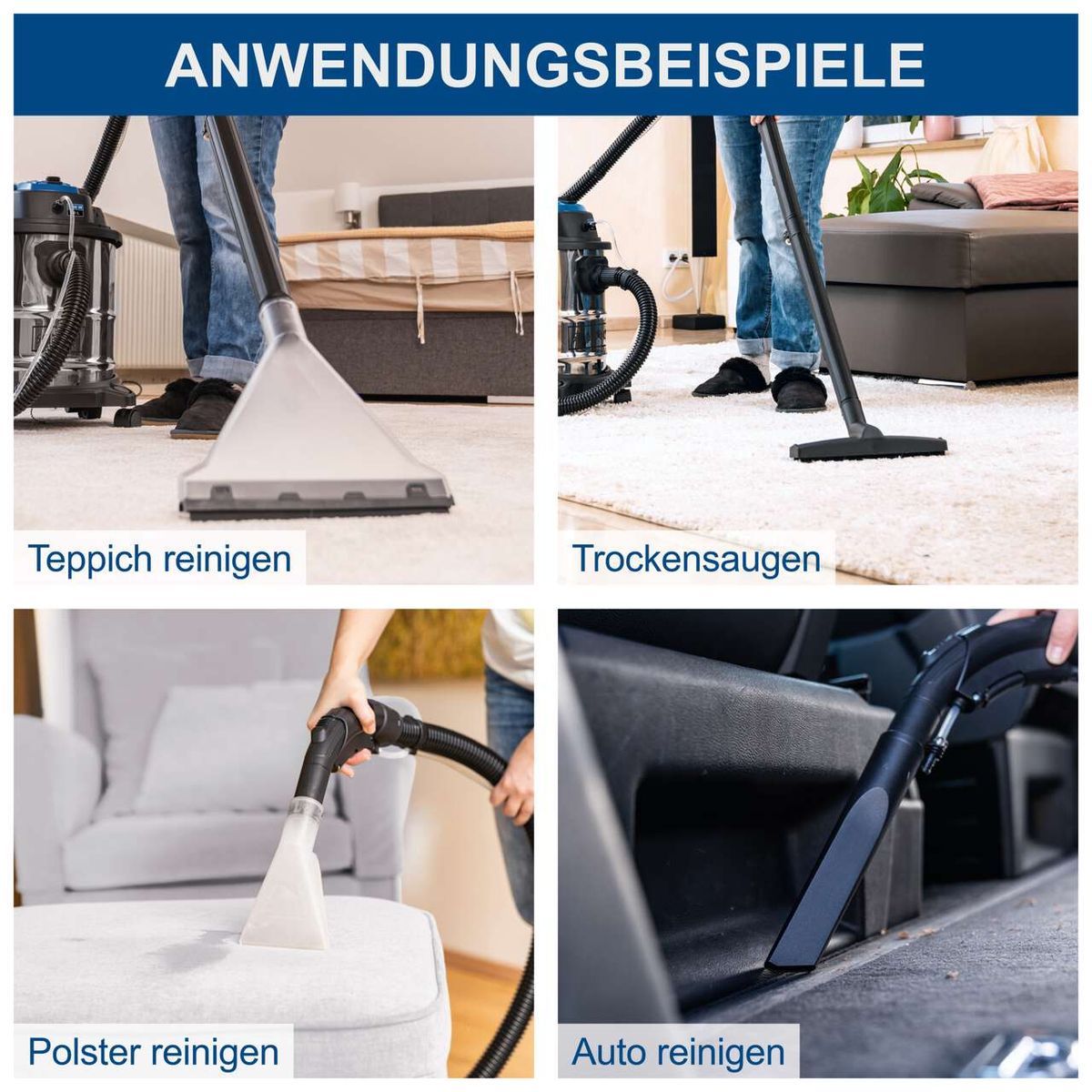 Das Bild zeigt Anwendungsbeispiele des Scheppach SprayVac20. Dargestellt sind die Funktionen Teppich reinigen, Trockensaugen, Polster reinigen und Auto reinigen.