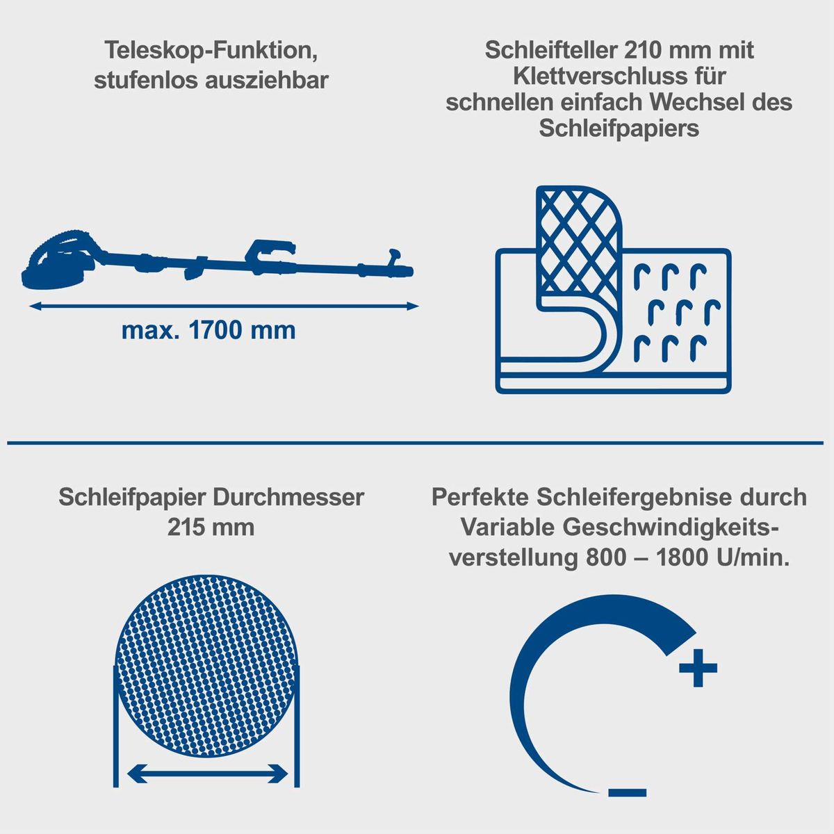 Wand- und Deckenschleifer mit teleskopierbarem Griff, Schnellwechseleinheit für Schleifscheiben und variable Schleifgeschwindigkeit.