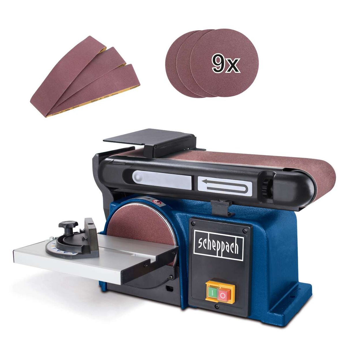 Der Band- und Tellerschleifer BTS800 von Scheppach inkludiert ein 12-teiliges Schleifbandset. Das Set enthält 9 Teller- und 3 Bandschleifmittel.