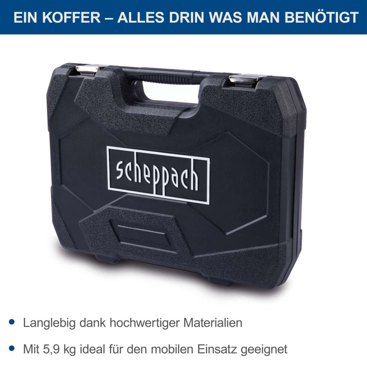 Der Werkzeugkoffer TB 97 von Scheppach ist langlebig dank hochwertiger Materialien und wiegt 5,9 kg, ideal für den mobilen Einsatz.