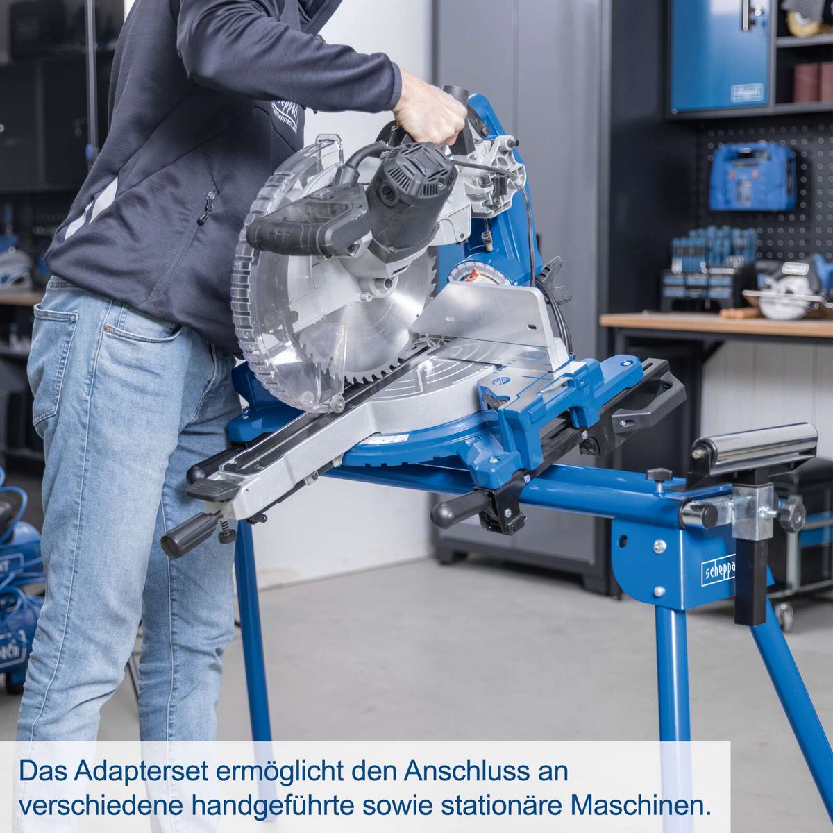Das Adapterset ermöglicht den Anschluss an verschiedene handgeführte sowie stationäre Maschinen. Das Untergestell UMF1600 von Scheppach bietet eine maximale Traglast von 200 kg, eine Länge von 1000-1650 mm und eine Höhe von 740 mm.