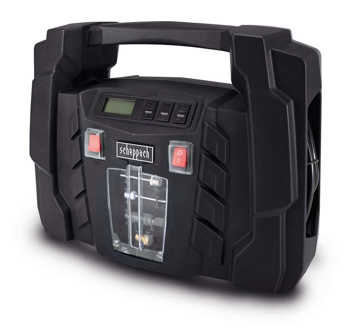 Mobiler Kompressor AirForce 5 Max von Scheppach, Ansicht von vorne.