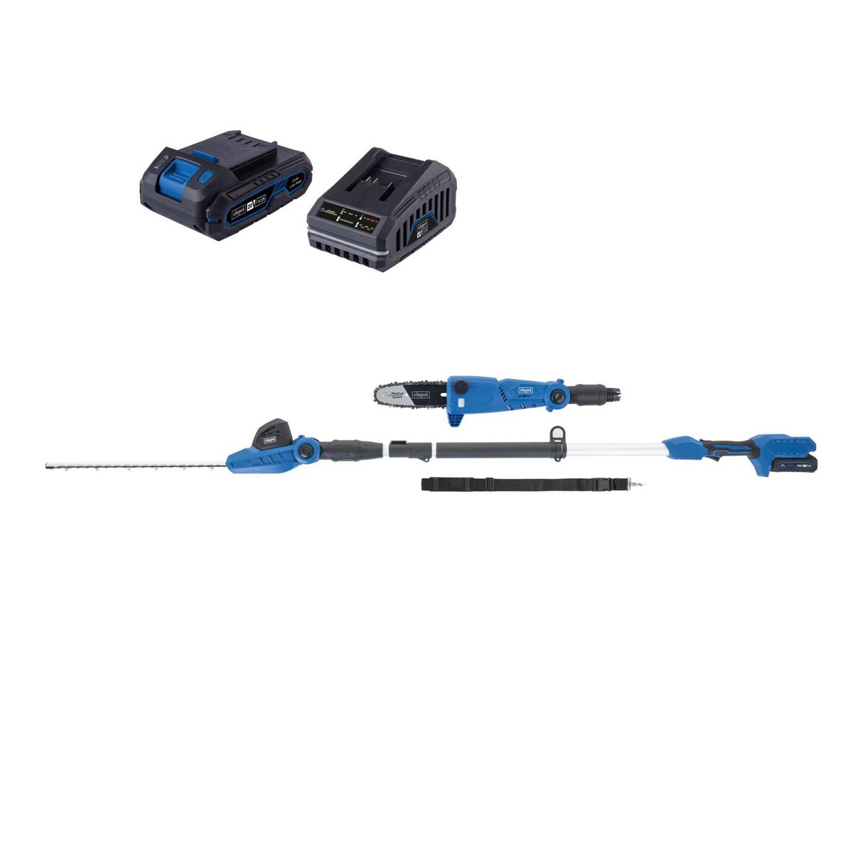 Scheppach Akku-Multifunktionswerkzeug mit Heckenschere, Hochentaster und Akku-Ladegerät