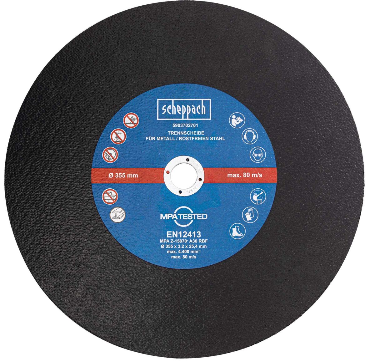 Scheppach-Metalltrennscheibe mit Abmessungen 355 x 25,4 x 3,2 mm, EN12413-zertifiziert