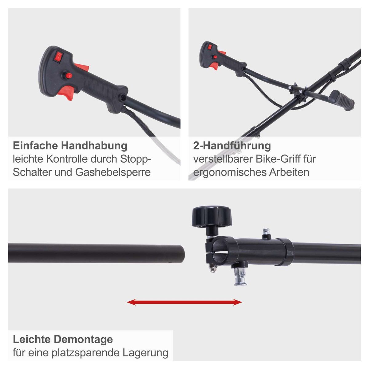 Der Benzin-Freischneider PBC520 von Scheppach bietet einfache Handhabung durch einen Stoppschalter und Gashebelsperre, 2-Handführung mit verstellbarem Bike-Griff für ergonomisches Arbeiten und leichte Demontage für platzsparende Lagerung.