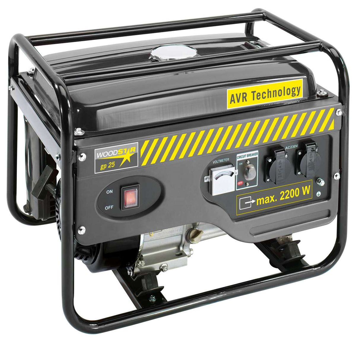 Stromgenerator gp 25 Woodster - 6.5PS, Ansicht von vorne. AVR-Technologie, max. 2200 W, mit Voltmeter und Leistungsschalter.