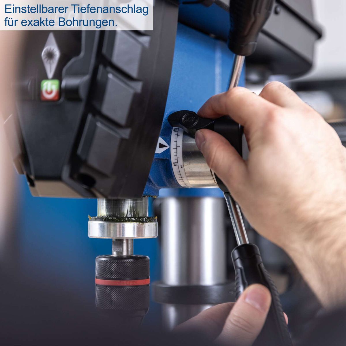 Tiefenanschlag für präzise Bohrungen auf Scheppach-Bohrmaschine