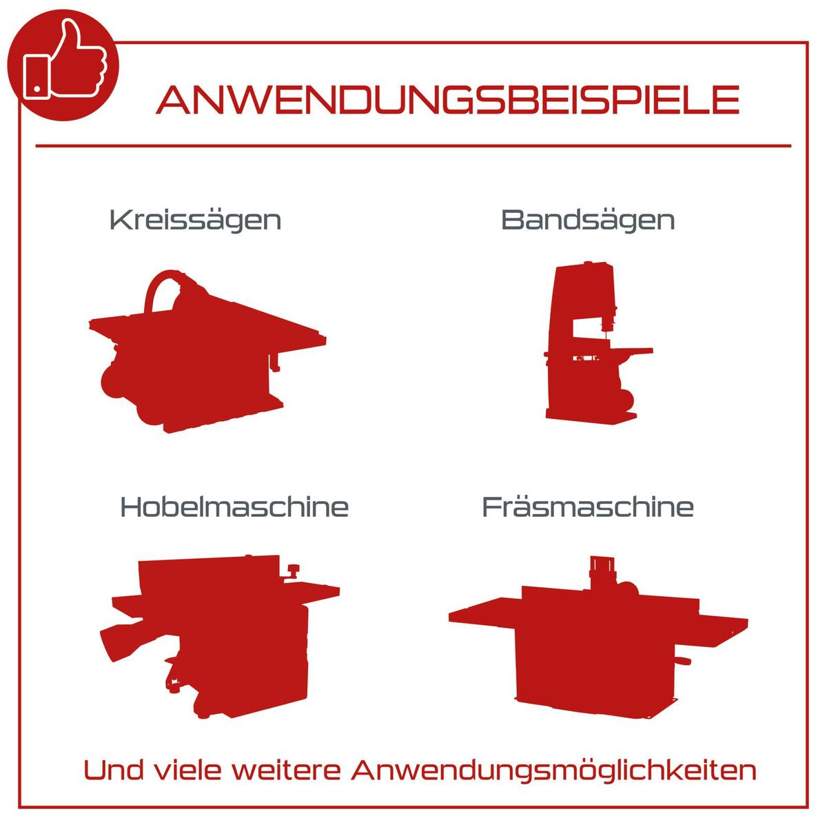 Anwendungsbeispiele für die Absauganlage PX-AS-100 Practixx: Kreissägen, Bandsägen, Hobelmaschinen und Fräsmaschinen. Geeignet für viele weitere Anwendungsmöglichkeiten.