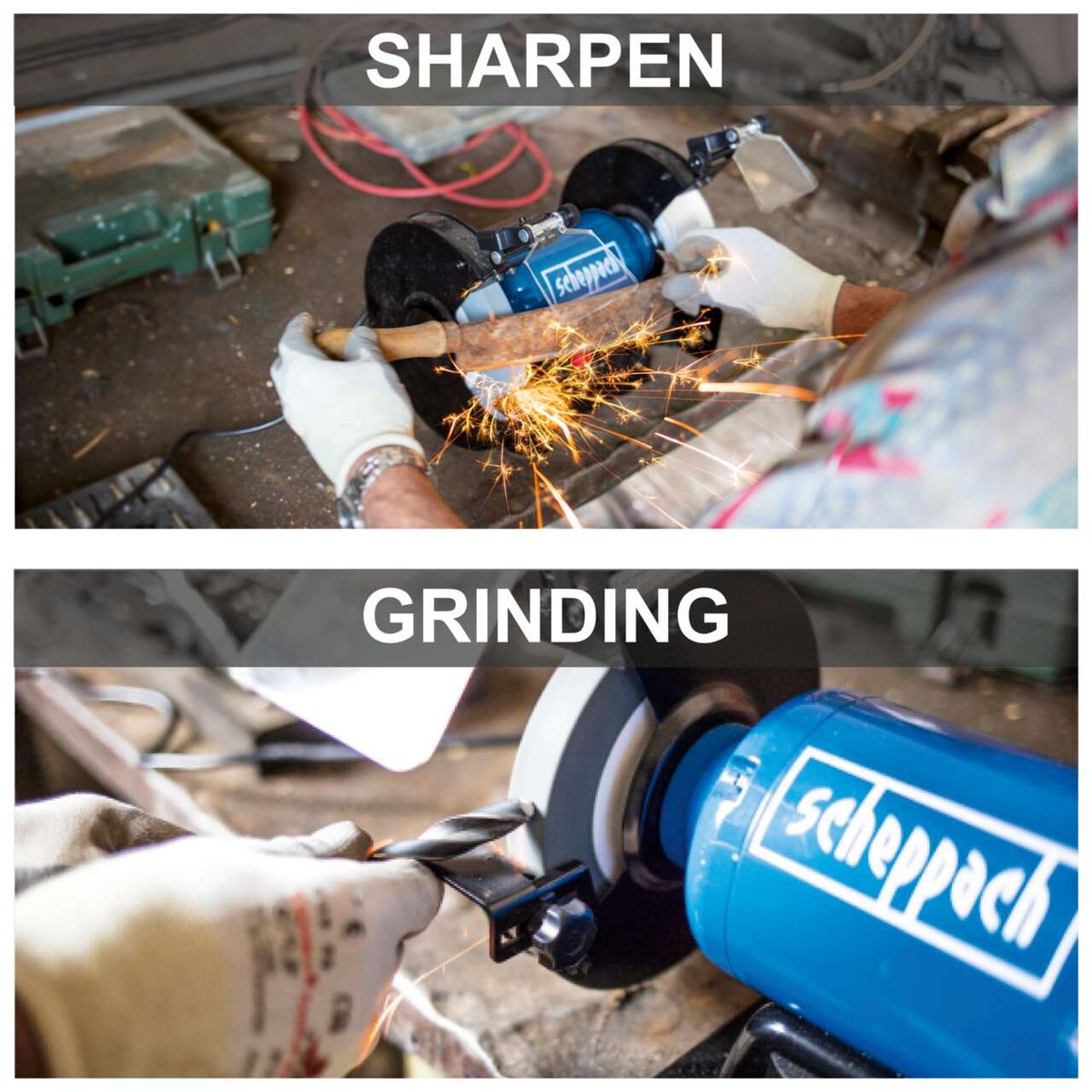 Scheppach dual-angle grinder with LED, showcasing sharpening and grinding features