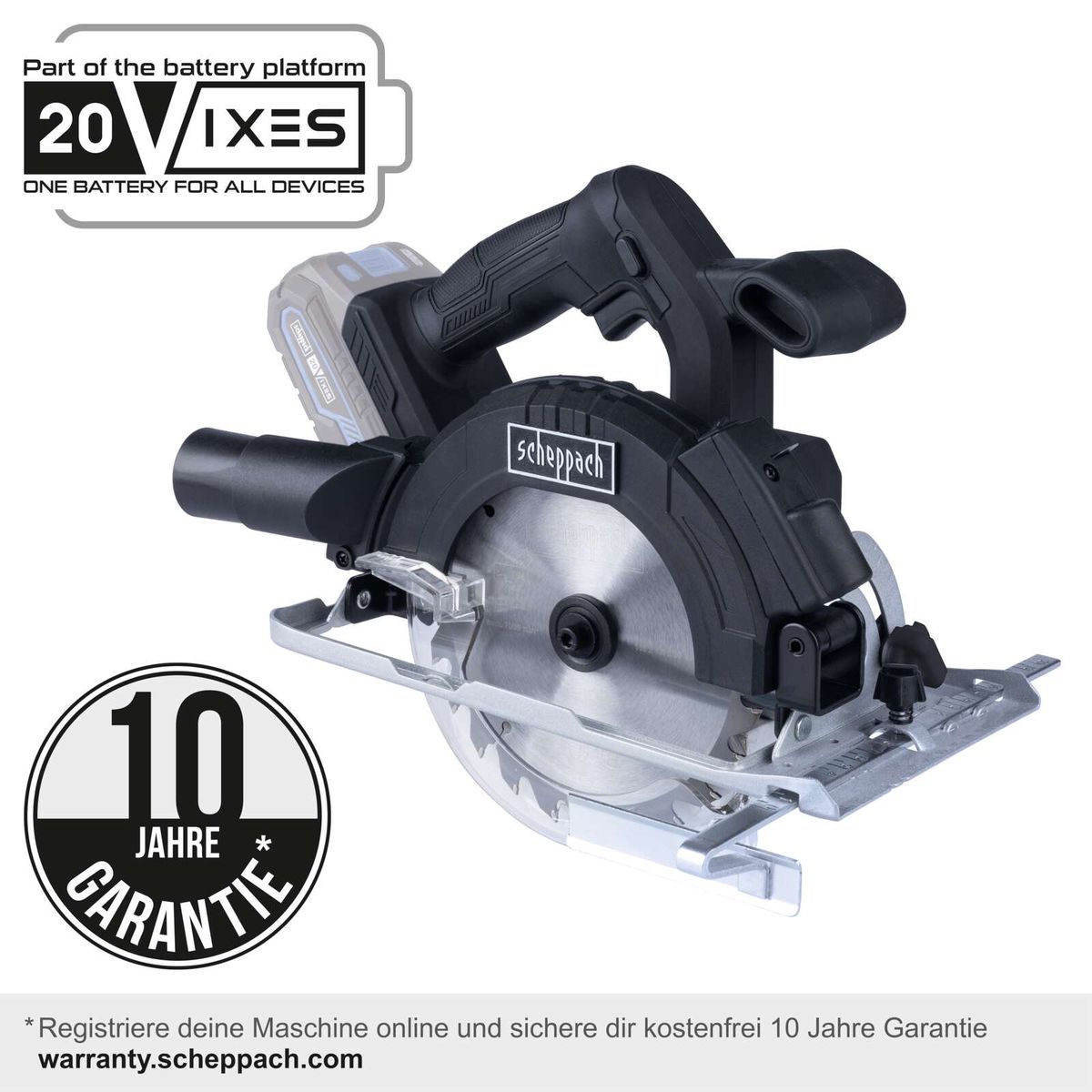 Die Akku-Handkreissäge C-HKS169BE-X von Scheppach ist Teil der 20VIXES Batterieplattform. Sie bietet eine 10-jährige Garantie bei Online-Registrierung. Eine Batterie für alle Geräte.
