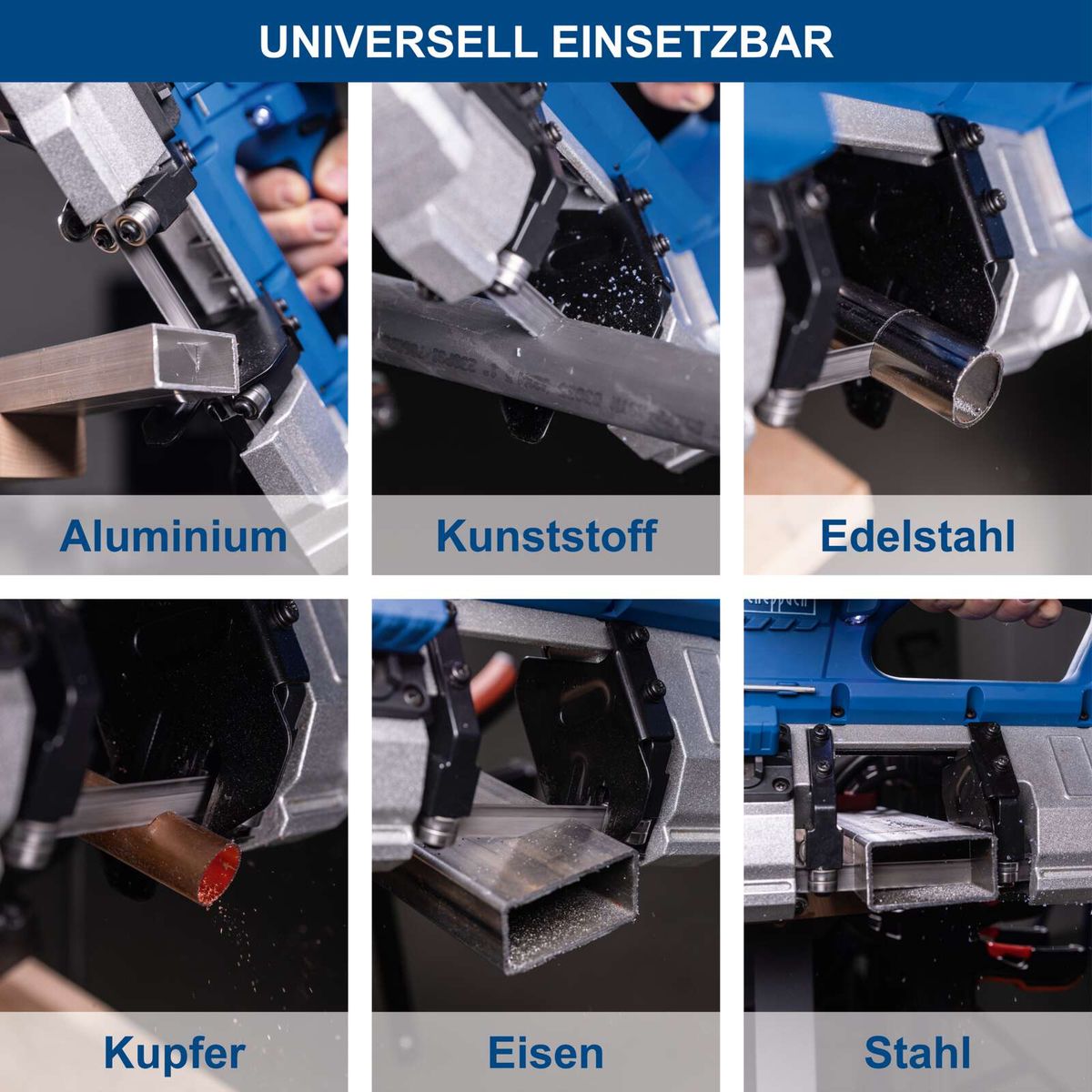 Metallbänder für verschiedene Materialien wie Aluminium, Kunststoff, Edelstahl, Kupfer, Eisen und Stahl gezeigt