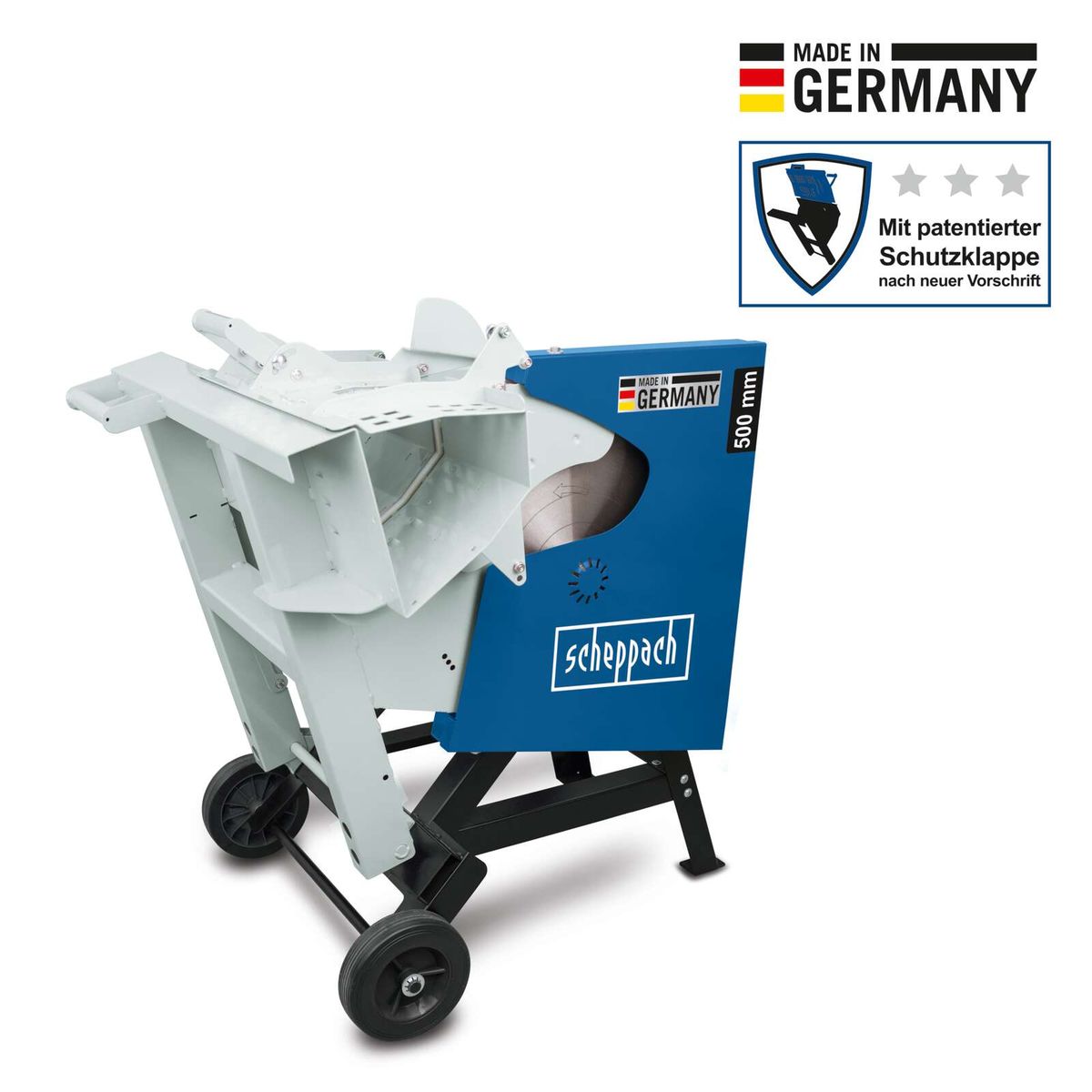 Wippsäge HS 520 von Scheppach. Made in Germany. Mit patentierter Schutzklappe nach neuer Vorschrift. 500 mm Schnittbreite.
