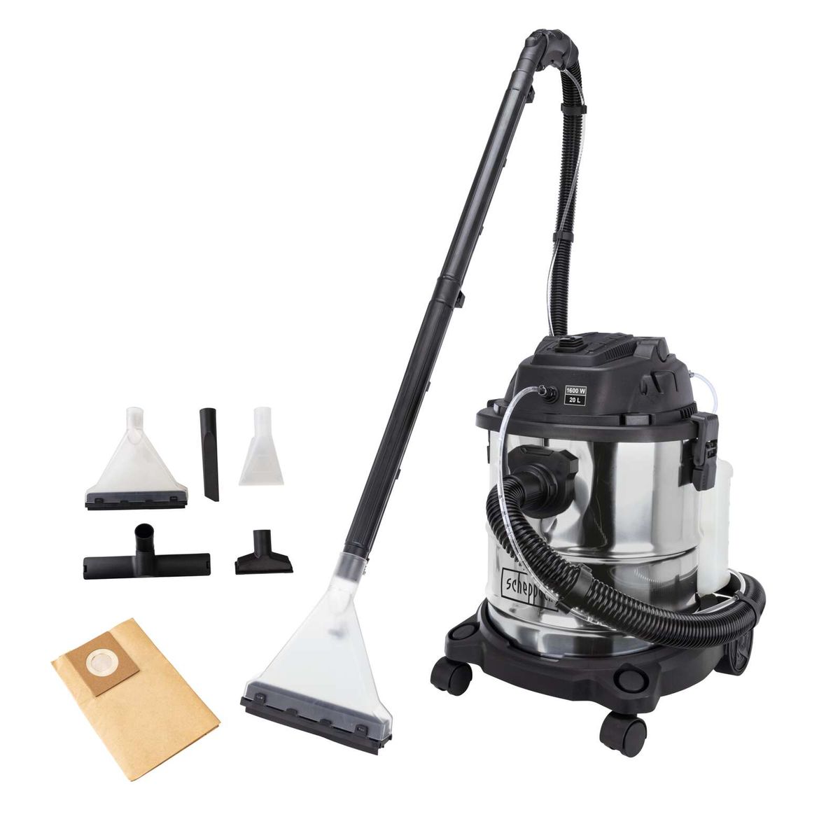 Der Scheppach Sprühsauger CUC20-BE mit 1600W, 230V und 20L Behälter. Inklusive 5in1 Zubehör: Wasch-, Nass- und Trockensaugerfunktion. Mit verschiedenen Düsen für flexible Reinigung.