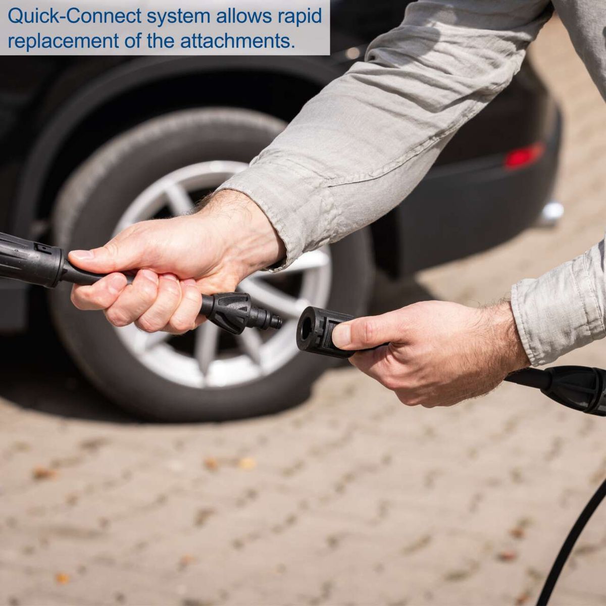 The Scheppach HPC1400 pressure washer features a Quick-Connect system for rapid replacement of attachments.