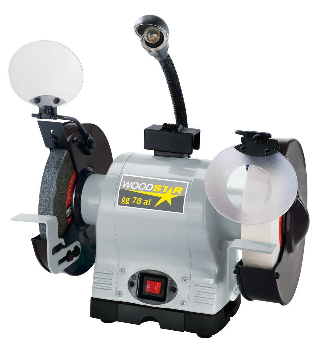 Doppelschleifer gg 78al Woodster - 230V 50Hz 550W, Ansicht von vorne mit Schleifscheiben und Polierscheibe.