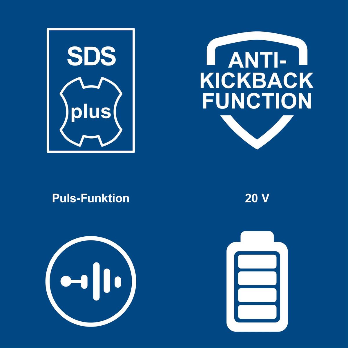 Werkzeugmerkmale: SDS-Plus-System, Anti-Rückstoßfunktion, Pulsfunktion, 20-Volt-Batterie, Schlagkraftindikator