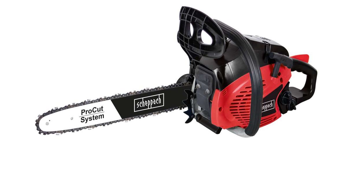Scheppach Kettensäge Benzin CSP41, seitliche Ansicht, ProCut System, Auto-Kettenschmierung.