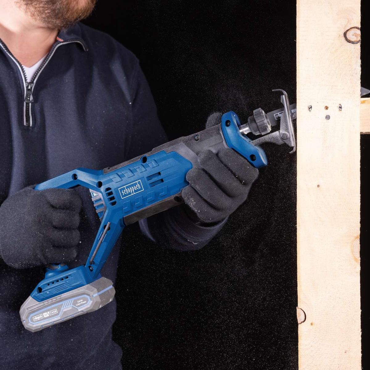 The Scheppach Cordless Reciprocating Saw C-RS100-X features a 20mm stroke length, a cutting depth of 115mm, and a stroke rate of 0-2800 min⁻¹. It includes an LED light.