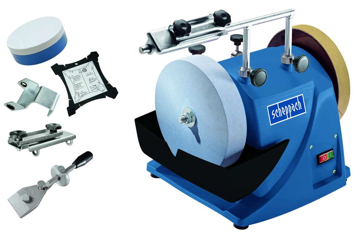 Nass-Schleifsystem TIGER 2000S von Scheppach mit Zubehör. Gezeigt von vorne.