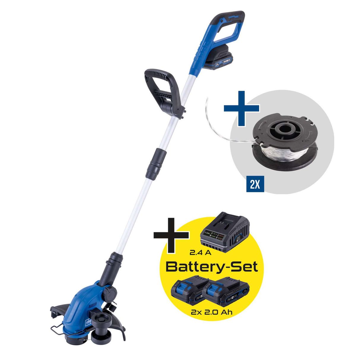 Akku-Rasentrimmer mit 2x 2,0 Ah-Batterien, 2,4 A-Ladegerät, 3 Meter Fadenlänge und 270 mm Höhenverstellung für Scheppach C-LT300-X