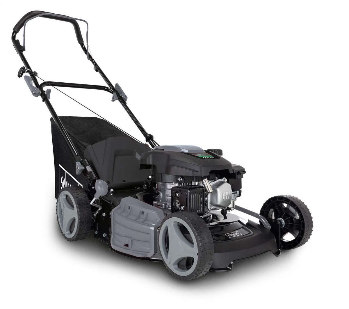 Benzin Rasenmäher MP150-46 Scheppach, Ansicht von der Seite. 3.5PS, 46 cm Schnittbreite, 55L Box, 7-Stufen Verstellung.