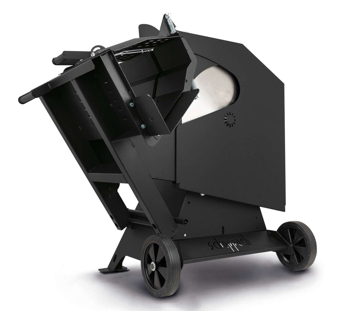 Wippsäge WOX D700 Black Edition von Scheppach, seitliche Ansicht mit offener Schutzabdeckung.