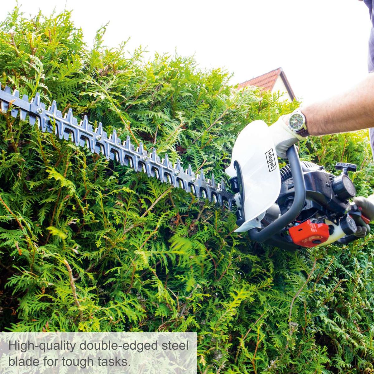 Scheppach hedge trimmer featuring a high-quality double-edged steel blade for precise cuts