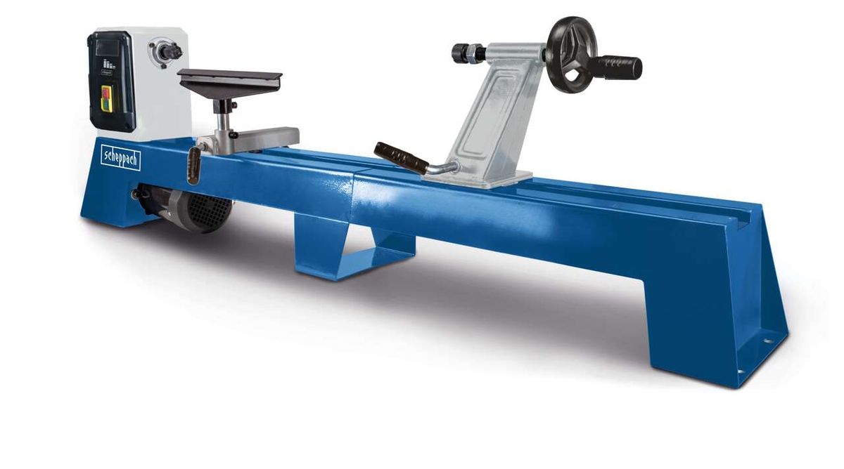 Drechselmaschine DM1100T Scheppach, Werkstück ⌀350mm, 400W, 4-Zack Körnerspitze, seitliche Ansicht.