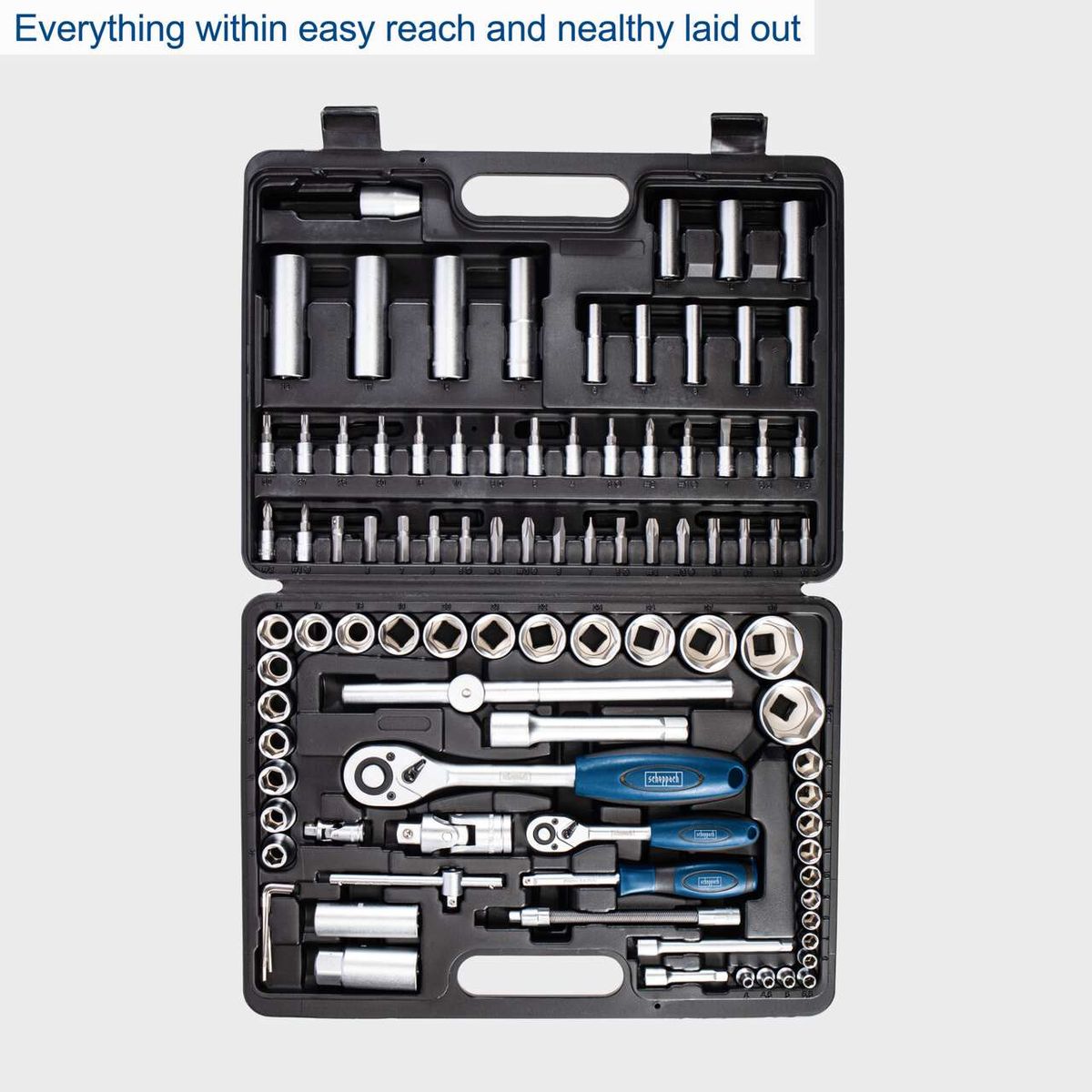 The Socket Wrench Set TB94 by Scheppach has everything within easy reach. It includes 95 pieces, such as sockets, ratchets, nut drivers, and more. All tools are neatly laid out and easily accessible.