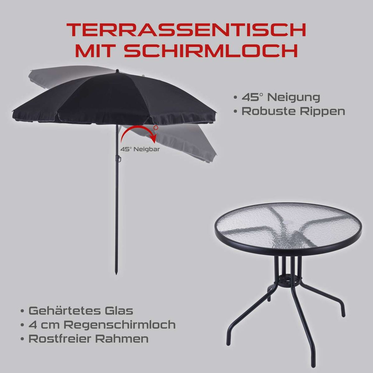Terrassenschirm mit Schirmloch für Balkon-Set, 45° Neigung, robuste Rippen und 4 cm Regenloch; gehärtetes Glas und rostfreier Rahmen