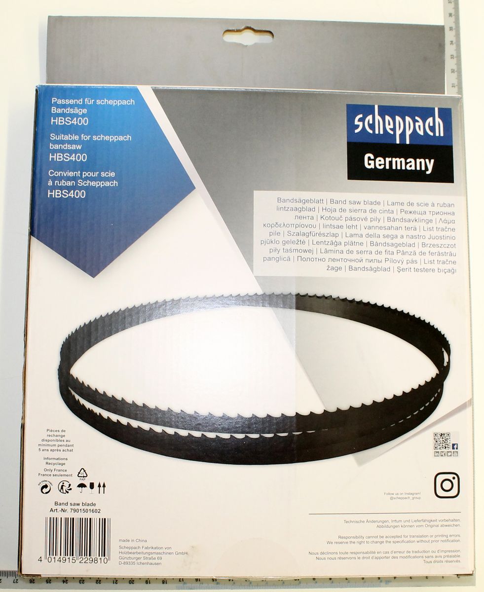 Scheppach-Bandschneidklinge (Artikelnummer 7901501602) mit detaillierter Beschriftung in mehreren Sprachen