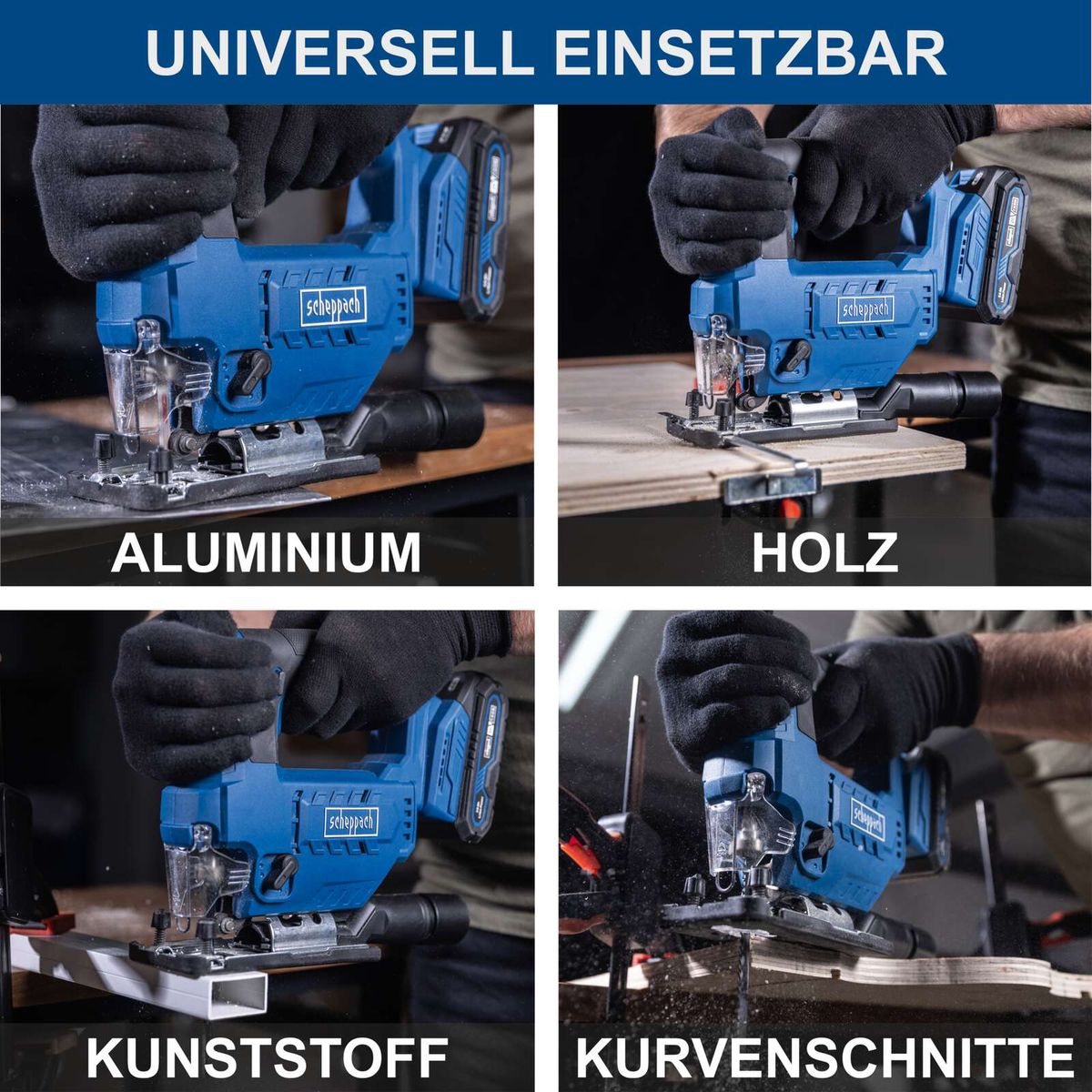 Die Akku-Stichsäge C-JS220-X von Scheppach ist universell einsetzbar. Sie kann Aluminium, Holz, Kunststoff und Kurvenschnitte bearbeiten.