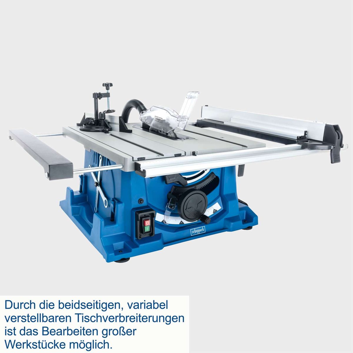 Die Tischkreissäge HS115 von Scheppach verfügt über beidseitige, variable Tischverbreiterungen für die Bearbeitung größerer Werkstücke.