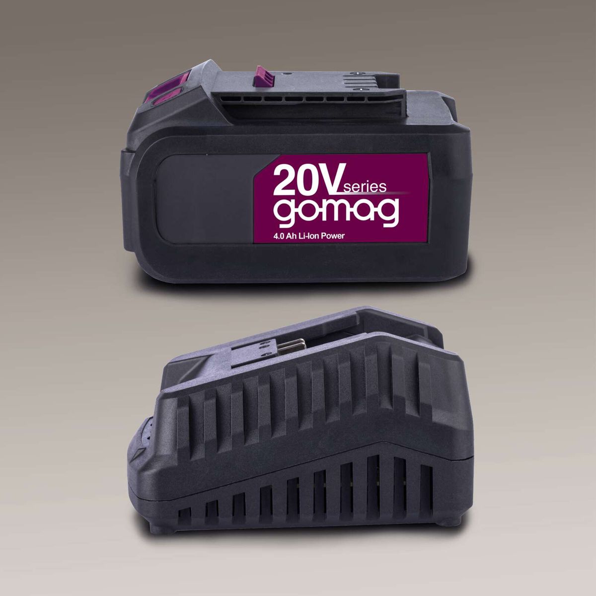 Gomag Akku Starterkit 20V GO-SK4.0 mit Ersatzakku 4Ah und Ladegerät (2,4A). Enthält einen 4.0 Ah Li-Ion Akku und ein Ladegerät.