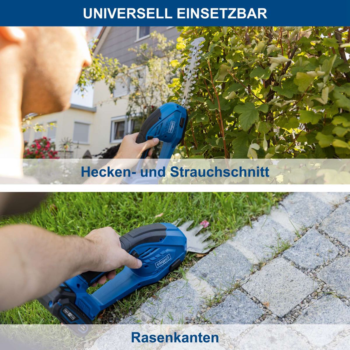 Akku-Gras- und Strauchschere mit 90 mm Schnittbreite und 200 mm Schnittlänge, inklusive Akku und Ladegerät für präzisen Schnitt von Rasenkanten und Hecken