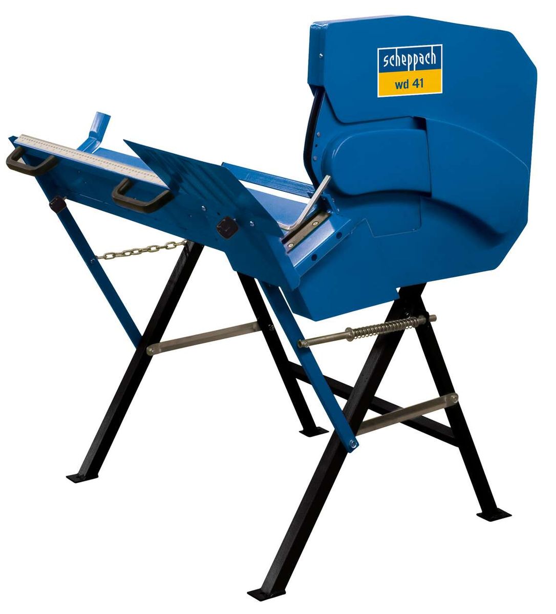 Wippsäge WD 41 Scheppach Classic, seitliche Ansicht, auf schwarzem Ständer montiert.