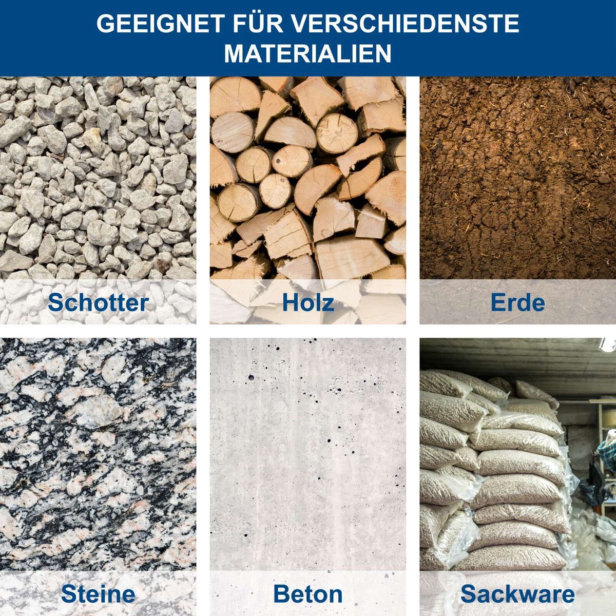 Materialien für verschiedene Anwendungen: Schotter, Holz, Erde, Steine, Beton, Sackware
