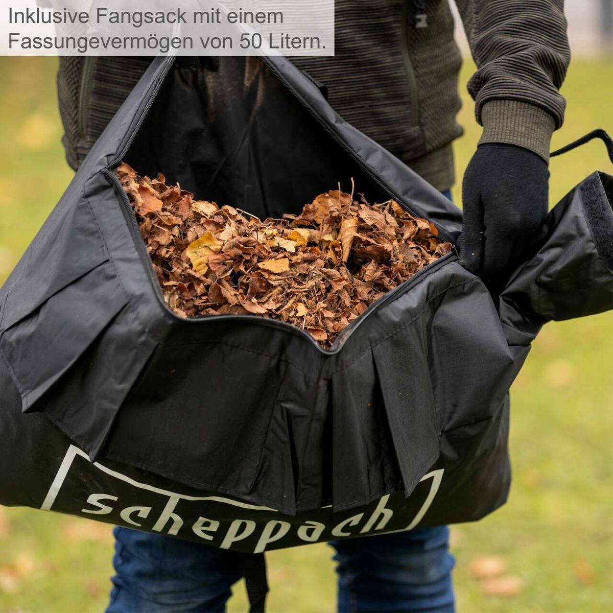 Inklusiver Auffangbeutel mit 50-Liter-Fassungsvermögen für Scheppach-Laubsauger