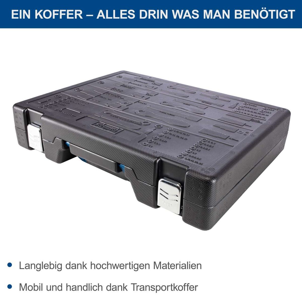 Der Werkzeugkoffer TB217 von Scheppach ist langlebig dank hochwertiger Materialien und mobil sowie handlich dank des Transportkoffers.