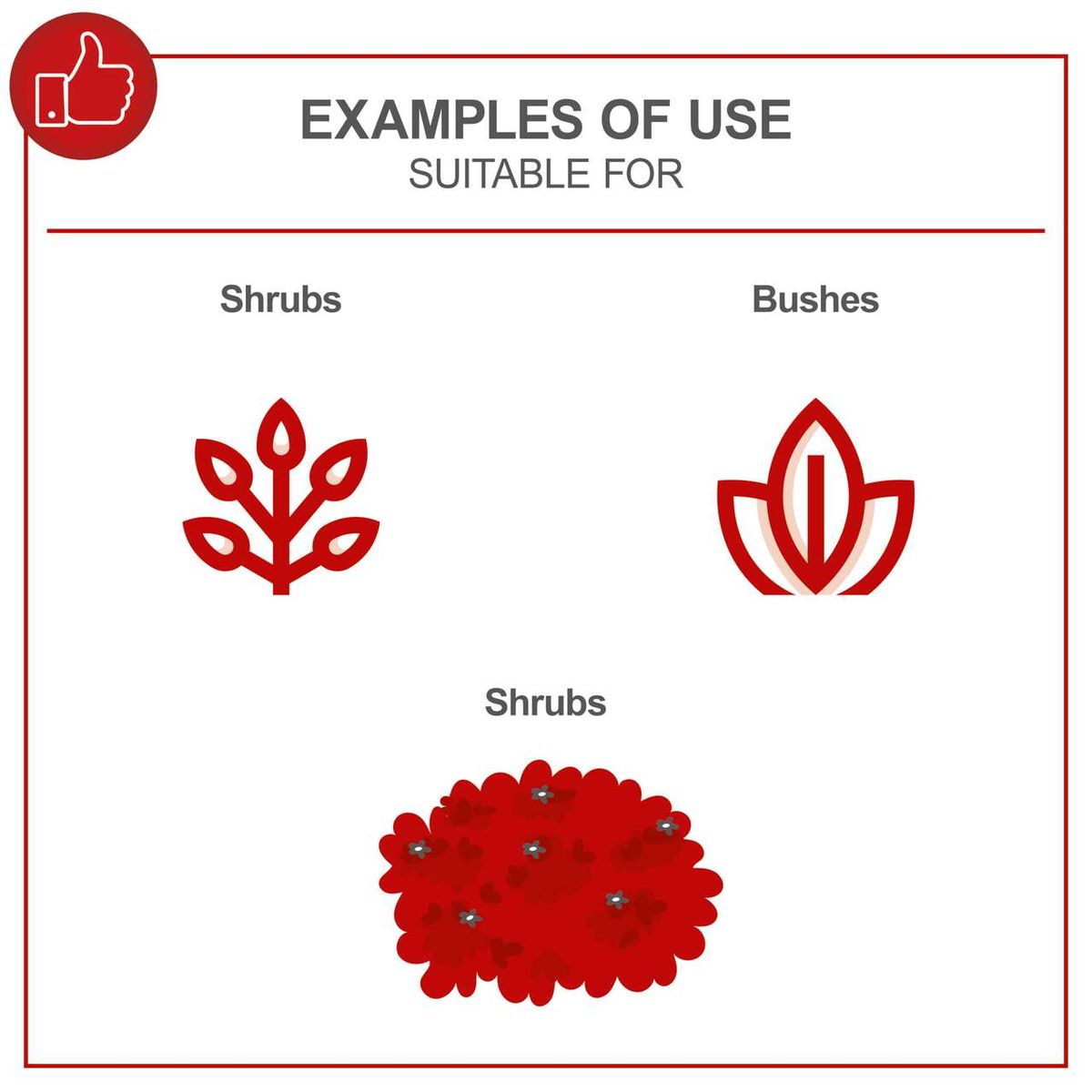 Examples of use. Suitable for shrubs and bushes. The device has a rotating handle.