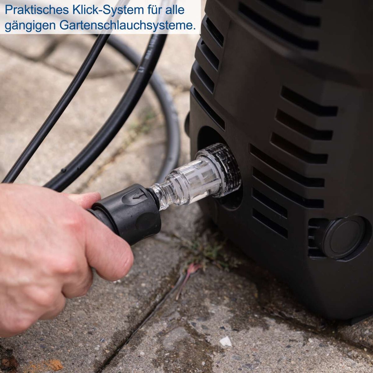 Der Scheppach Hochdruckreiniger HPC1400 verfügt über ein praktisches Klick-System für alle gängigen Gartenschlauchsysteme.
