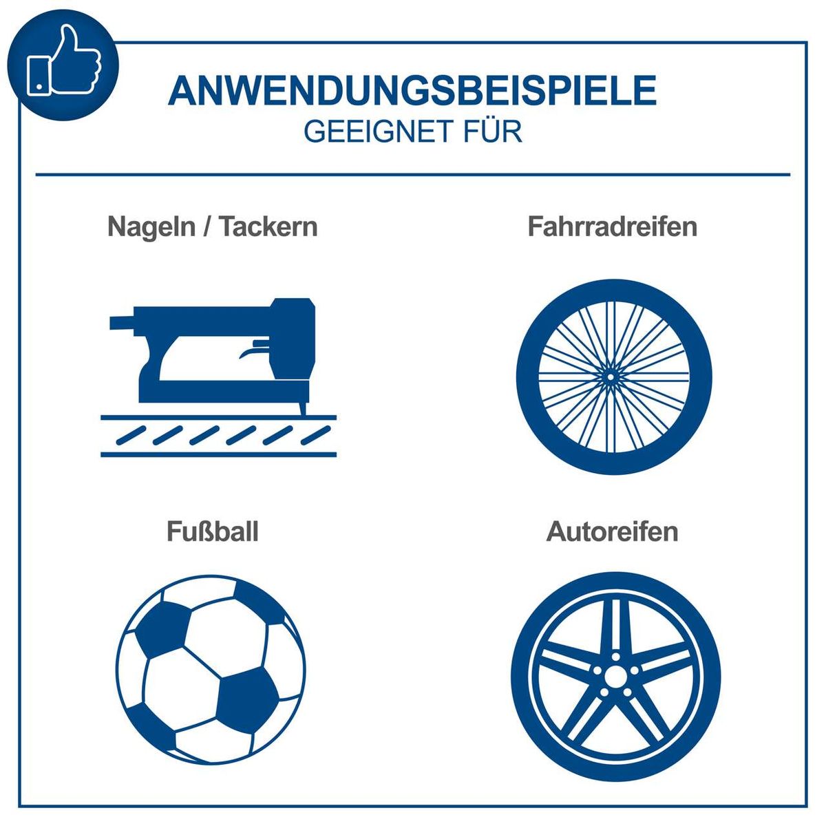 Anwendungsbeispiele für das Scheppach-Kompressor-System mit Nagel-/Tackerstation, Fahrradreifen, Fußball und Autoreifen