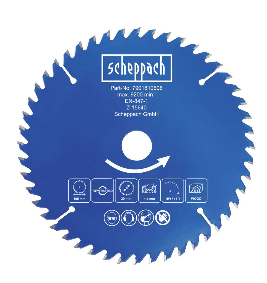 Kreissägeblatt von Scheppach, Part-Nummer 7901810606, max. 9200 U/min, Durchmesser 165 mm, Dicke 1,6 mm, 48 Zähne.