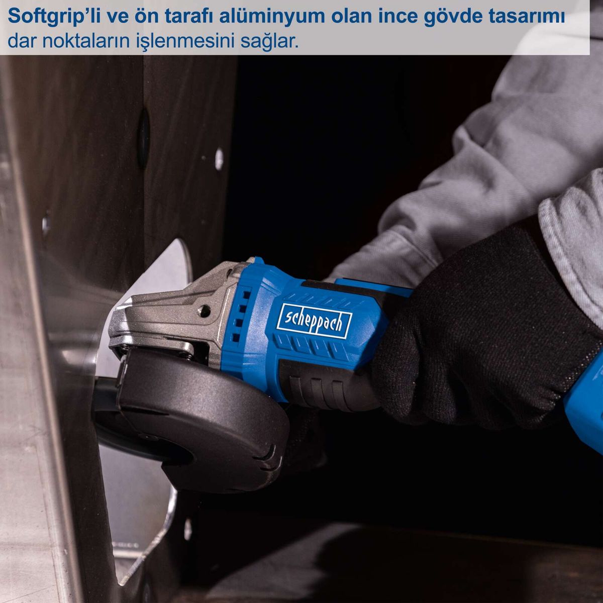 Der Akku-Winkelschleifer BC-AG125-X von Scheppach hat einen Softgrip und eine dünne Aluminiumfront, die die Bearbeitung enger Stellen erleichtert.