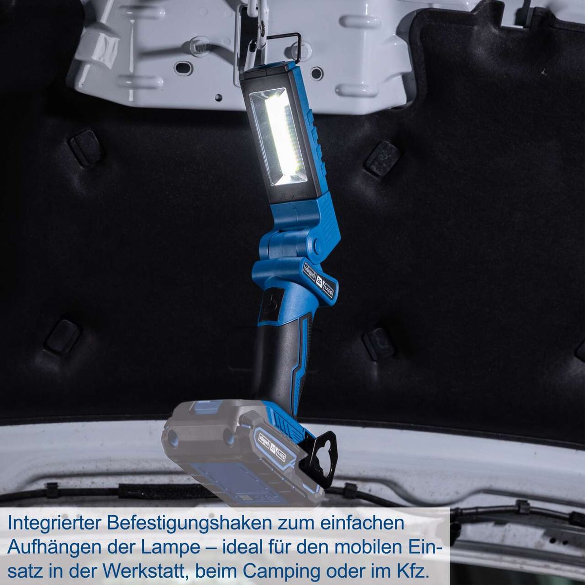 Integrierter Befestigungshaken zum einfachen Aufhängen der Lampe. Ideal für den mobilen Einsatz in der Werkstatt, beim Camping oder im Kfz.