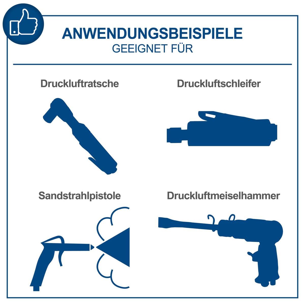 Illustration von Druckluftwerkzeugen: Drucklufttratsche, Druckluftschleifer, Sandstrahlpistole und Druckluftmeiselhammer für Scheppach-Kompressoren